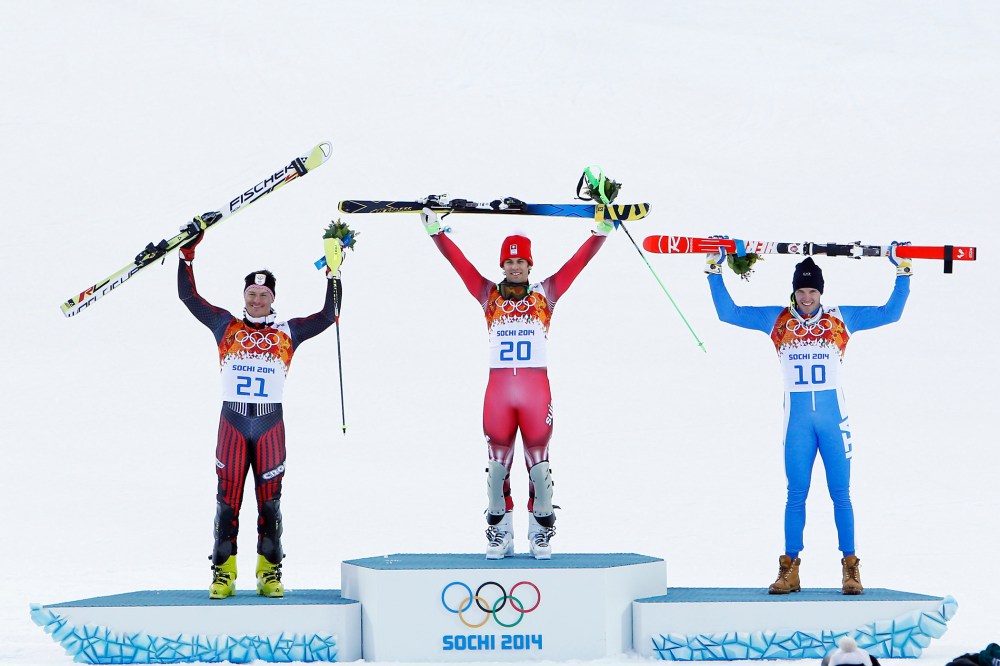 Sandro Viletta of Switzerland wins the gold medal during the Alpine Skiing Men's Super Combined. Feb.14, 2014.