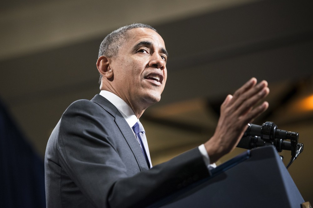 US President Barack Obama speaks on Feb. 14, 2014 in Cambridge, Maryland.