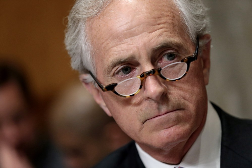Senate Foreign Relations Committee Chairman Sen. Bob Corker (R-TN) makes opening remarks during a committee markup meeting on the proposed nuclear agreement with Iran on April 14, 2015 in Washington, DC.