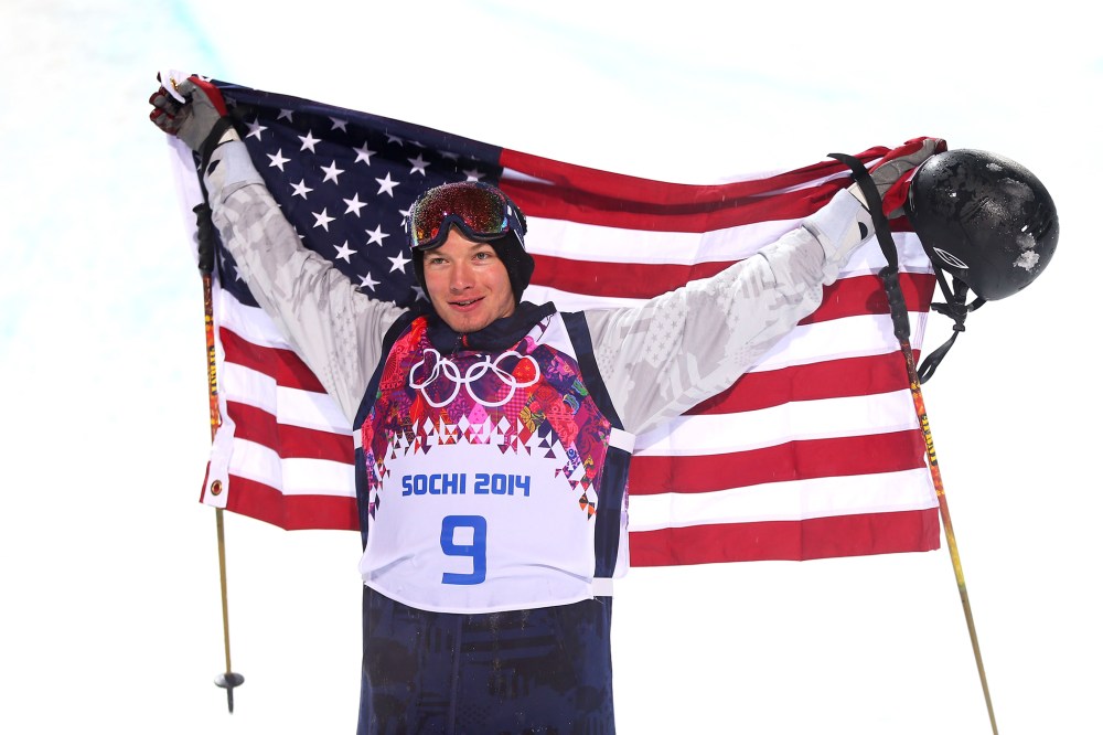 Gold medalist David Wise of the United States celebrates after the Freestyle Skiing Men's Ski Halfpipe Finals on day eleven of the 2014 Sochi Olympics.