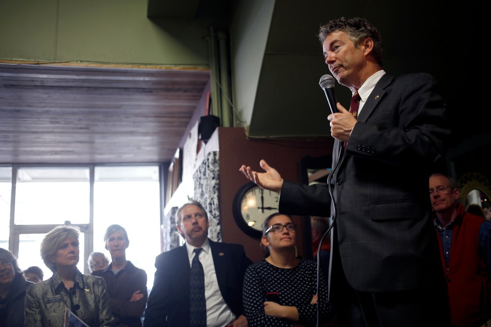 Senator Rand Paul (R-KY) delivers remarks to constituents during a meet and greet event at the Harvest Coffee and Cafe coffee shop on Feb. 19, 2014 in Shelbyville, Kentucky.