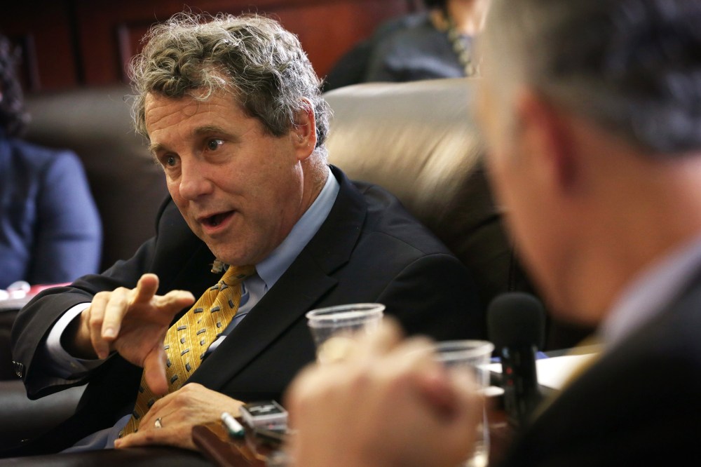 U.S. Sen. Sherrod Brown (D-OH) speaks to members of the media April 23, 2015 on Capitol Hill in Washington, DC.