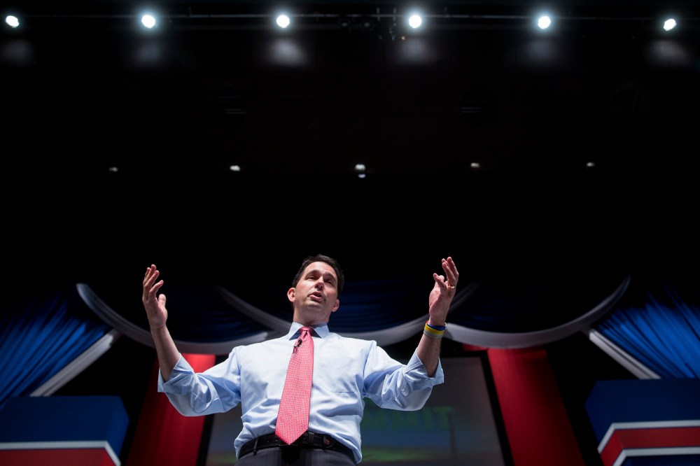 Scott Walker speaks during the South Carolina Freedom Summit in Greenville, South Carolina on May 9, 2015. (Photo by Andrew Harrer/Bloomberg via Getty)