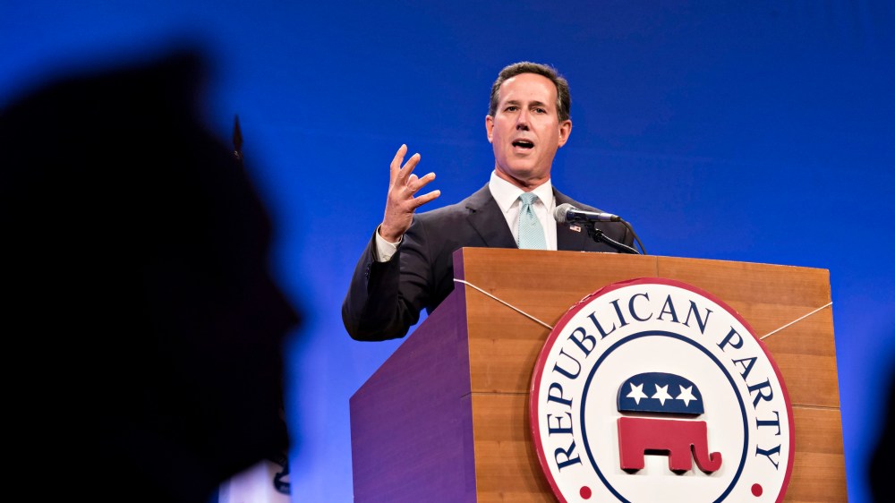 Rick Santorum, former Republican senator of Pennsylvania, speaks during the Republican Party of Iowa's Lincoln Dinner in Des Moines, Iowa on May 16, 2015. (Photo by Daniel Acker/Bloomberg/Getty)