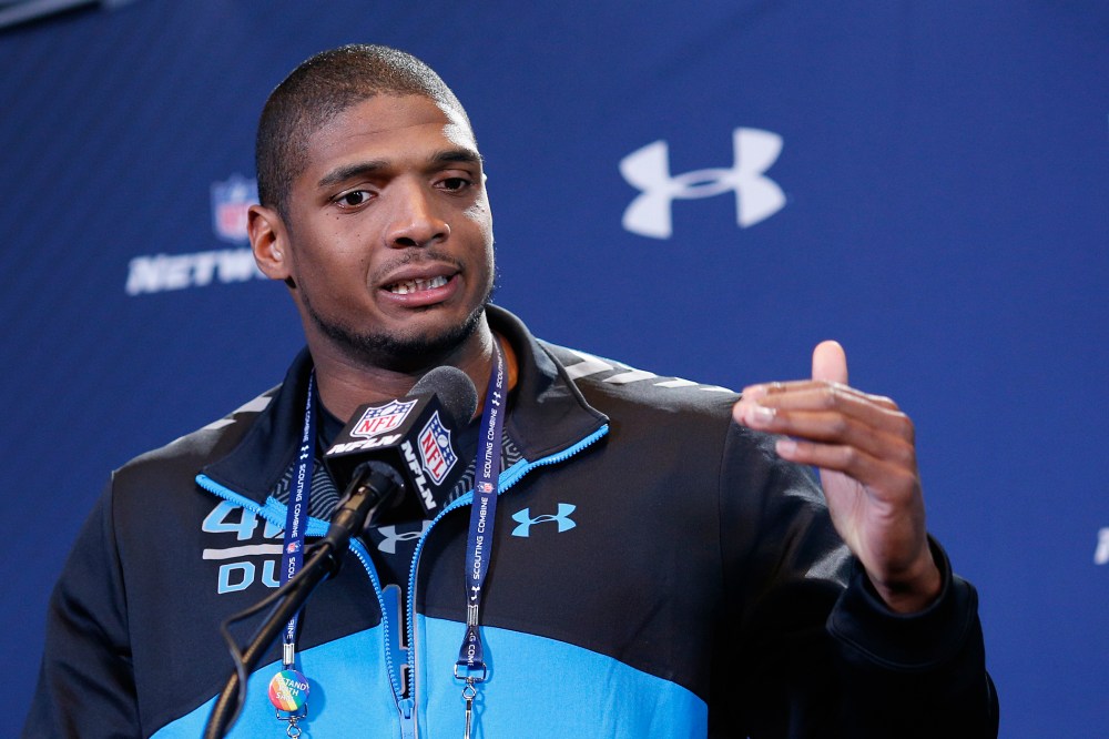 Michael Sam speaks to the media during the 2014 NFL Combine in Indianapolis, Indiana, Feb. 22, 2014.