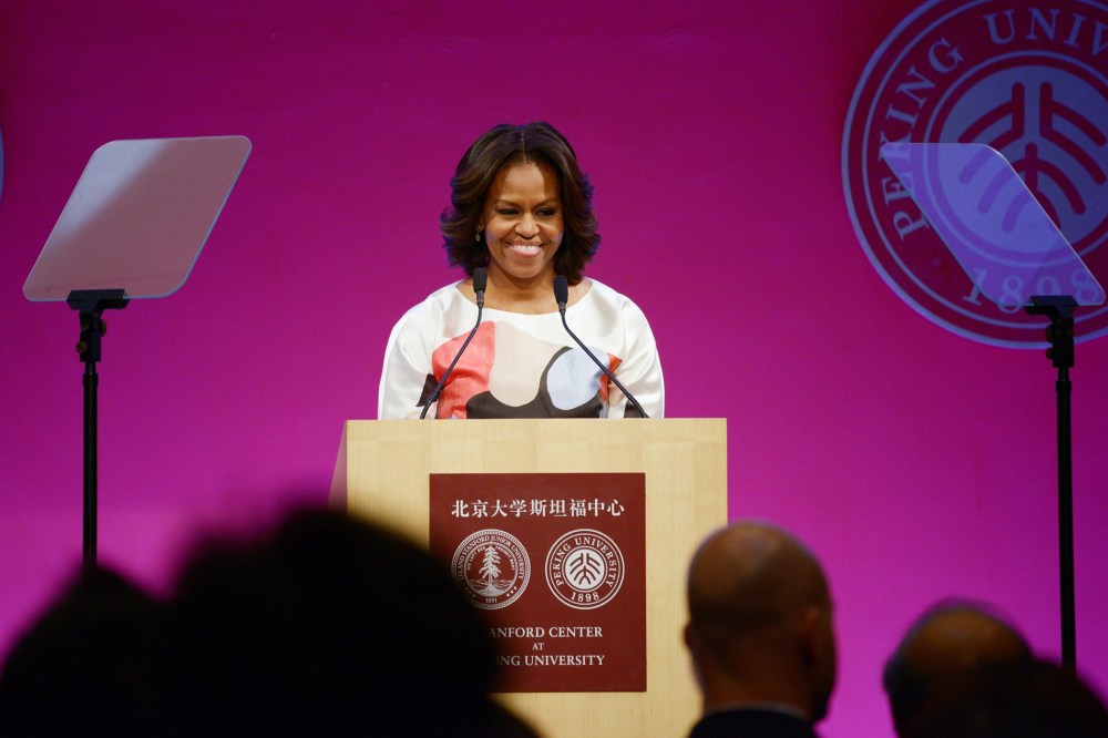 First Lady Michelle Obama delivers a speech at the Stanford Center at Peking University, March 22, 2104 in Beijing, China.