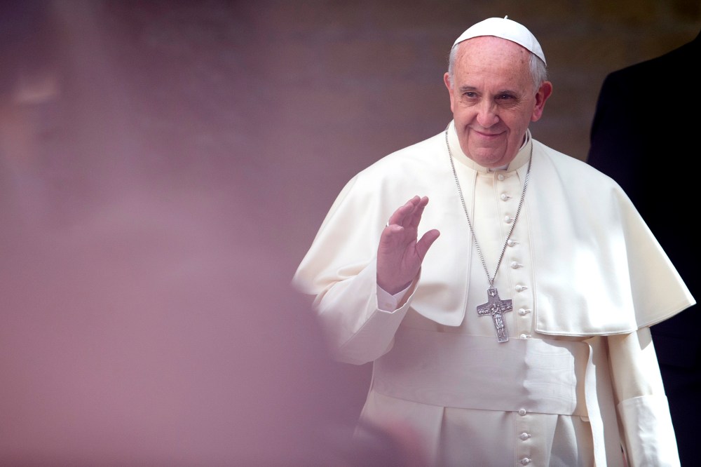 His Holiness, Pope Francis, leaves after hosting an audience with Her Majesty Queen Elizabeth II and Prince Philip, the Duke of Edinburgh, on April 3, 2014 in Vatican City, Vatican.