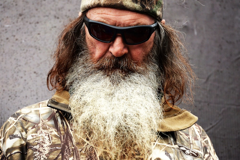 Phil Robertson takes part in pre-race ceremonies for the NASCAR Sprint Cup Series Duck Commander 500 at Texas Motor Speedway on April 6, 2014.