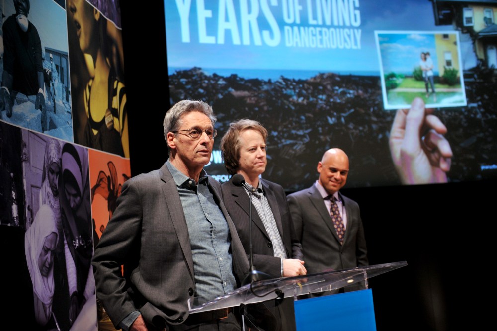 Executive producers David Gelber, Joel Bach and Daniel Abbasi speak onstage during the Showtime screening of "Years Of Living Dangerously" in New York City, April 9, 2014.
