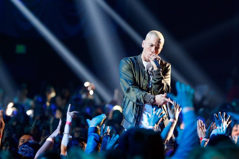 Recording artist Eminem performs onstage at the 2014 MTV Movie Awards at Nokia Theatre L.A. Live on April 13, 2014 in Los Angeles, Calif.