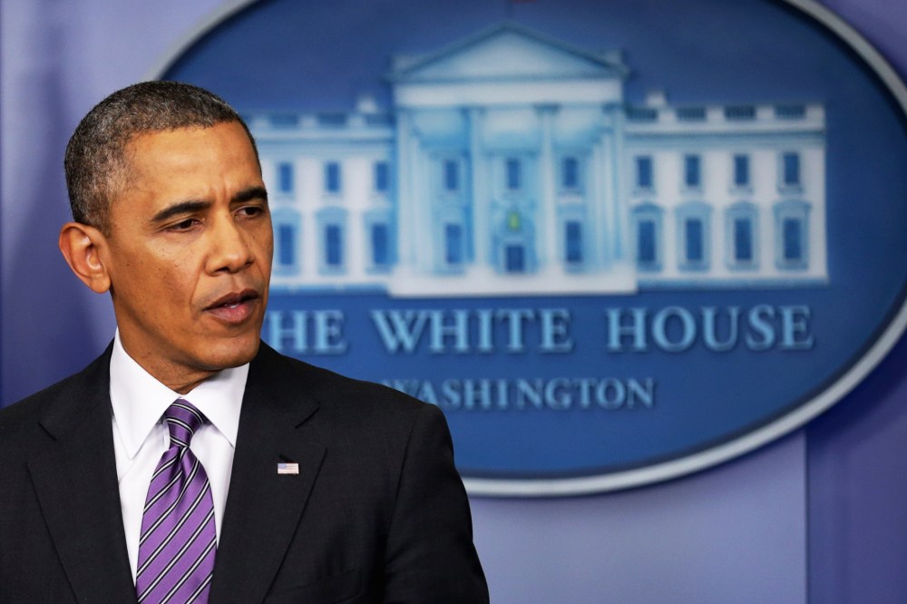 U.S. President Barack Obama delivers remarks in the Brady Press Briefing Room at the White House, April 17, 2014.
