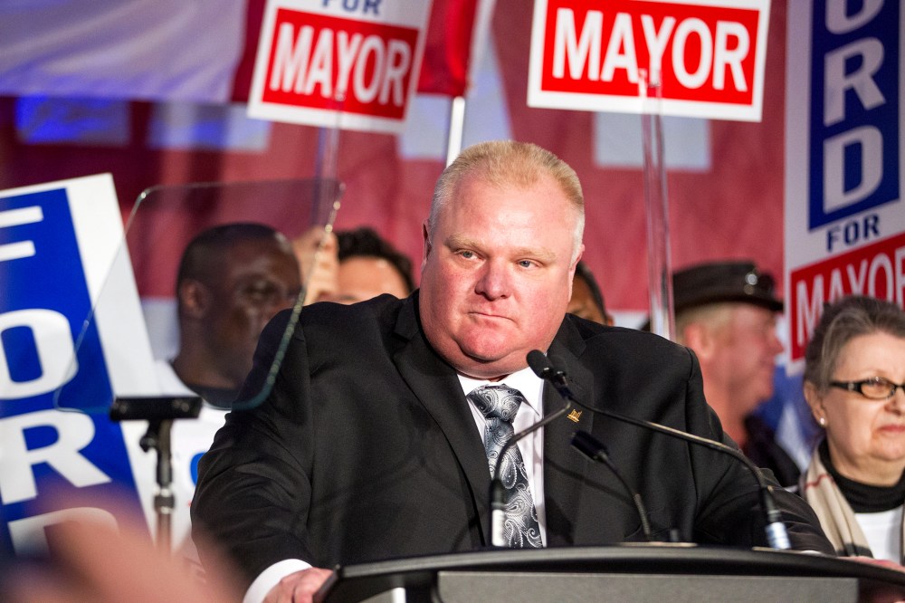 Toronto Mayor Rob Ford speaks during the kick off of his re-election campaign at a rally in the city's north end April 17, 2014.