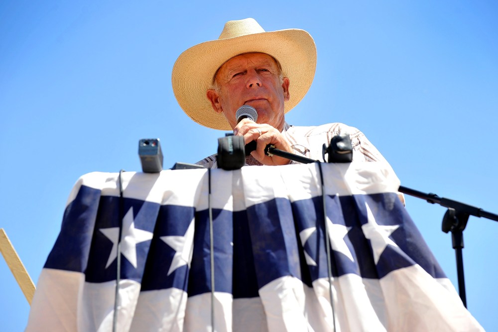 Rancher Cliven Bundy speaks during a news conference near his ranch on April 24, 2014 in Bunkerville, Nevada.