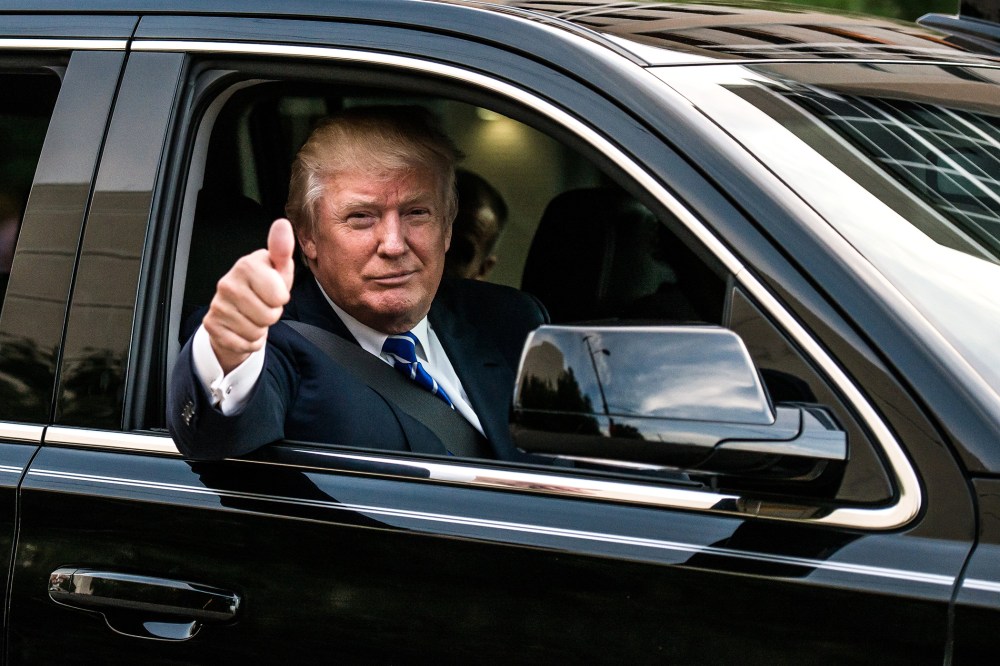 Republican presidential candidate Donald Trump leaves a campaign event on Sept. 23, 2015 in Columbia, S.C. (Photo by Sean Rayford/Getty)