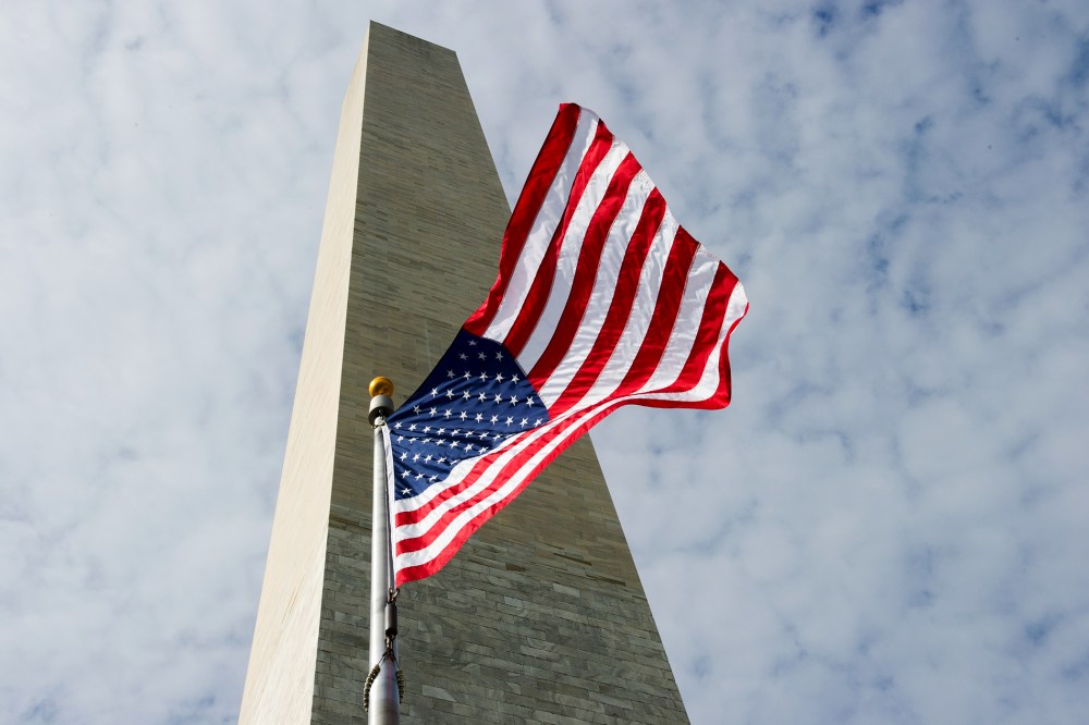The Washington Monument is seen behind the US flag May 12, 2014 in Washington, DC.
