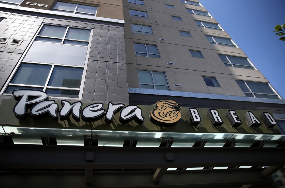 A sign is posted in front of a Panera Bread restaurant on June 3, 2014 in San Francisco, California.