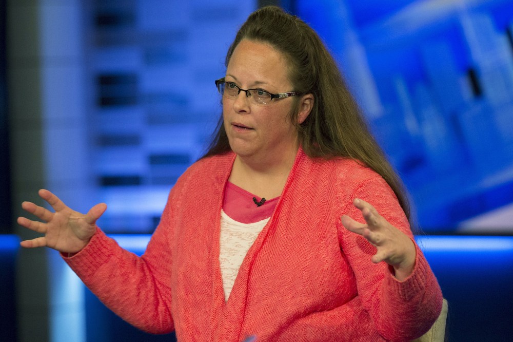 Kentucky county clerk Kim Davis speaks during an interview on Fox News Channel's 'The Kelly File' in New York on Sept. 23, 2015. (Photo by Brendan McDermid/Reuters)