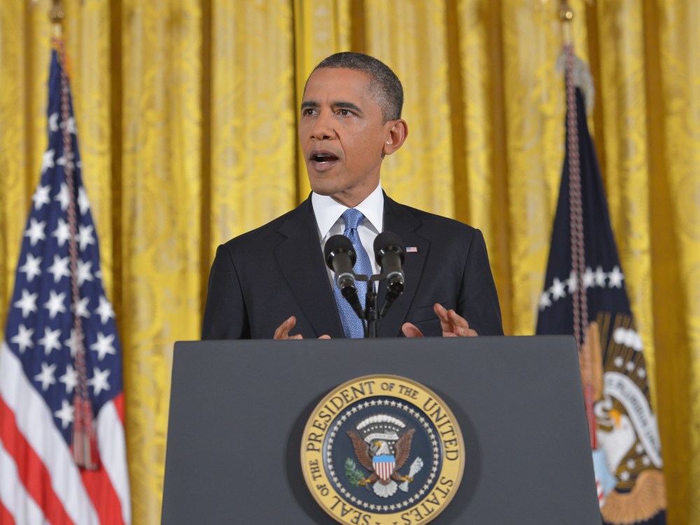 dent Barack Obama speaks during a press conference November 14, 2012 in the East Room of the White House in Washington, DC. Obama is holding his first press conference since March 2012. (Photo by Mandel Ngan/AFP/Getty Images)