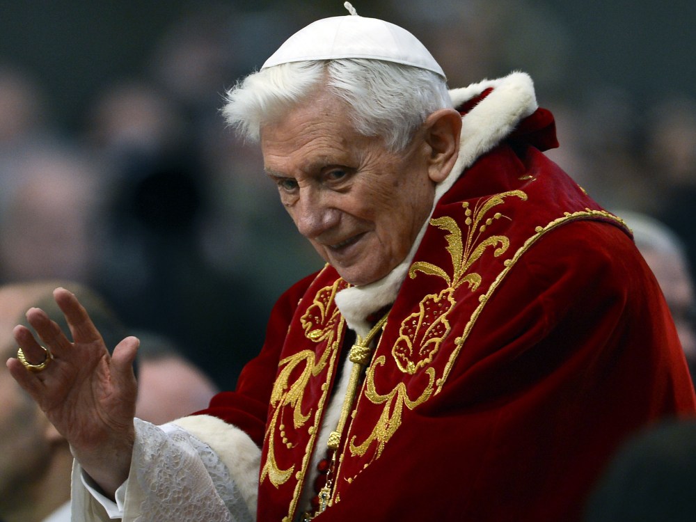 Pope Benedict XVI arrives to greet the faithful after  the mass in St.Peter's Basilica to mark the 900th anniversary of the Order of the Knights of Malta, on February 9, 2013 at the Vatican.   (Photo by Andreas Solaro/AFP/Getty Images)