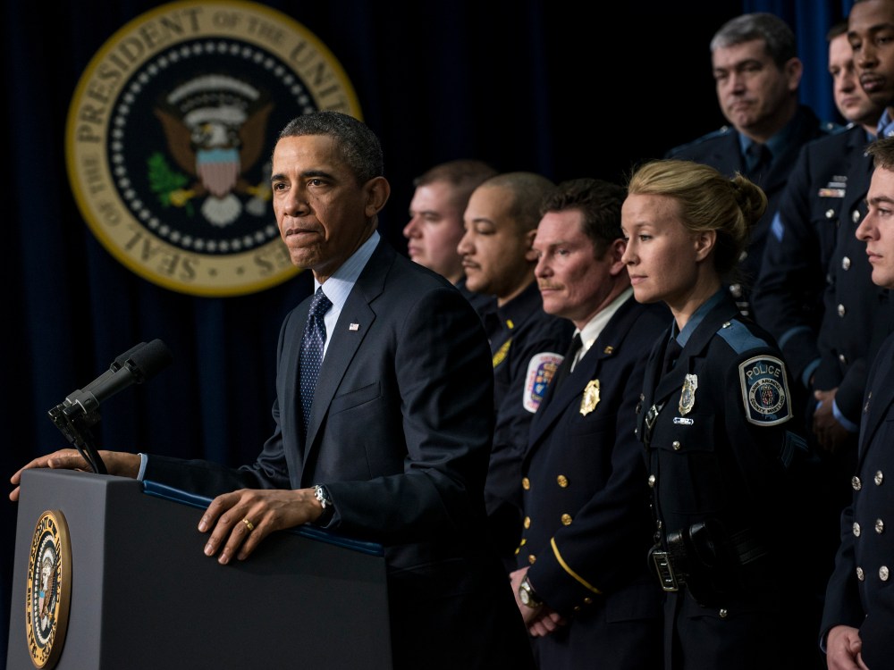 President Obama pauses while speaking in the Eisenhower Executive Office Building on the White House campus, joined by emergency responders on Feb. 19, 2013 in Washington, D.C. (Photo by Brendan Smialowski/AFP/Getty Images)