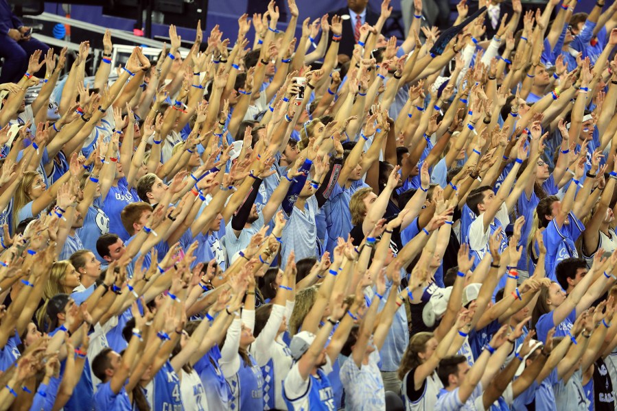 North Carolina Tar Heels fans cheer in the first half during the 2016 NCAA Men's Final Four National Championship game between the Villanova Wildcats and the North Carolina Tar Heels on April 4, 2016 in Houston, Texas. (Photo by Scott Halleran/Getty)
