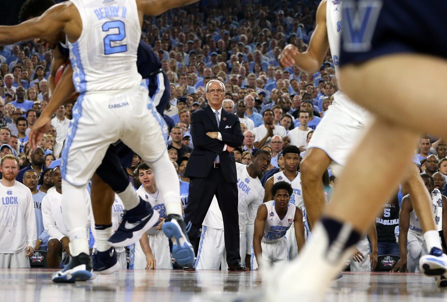 Head coach Roy Williams of the North Carolina Tar Heels looks on in the first half against the Villanova Wildcats during the 2016 NCAA Men's Final Four National Championship game on April 4, 2016 in Houston, Texas. (Photo by Streeter Lecka/Getty)