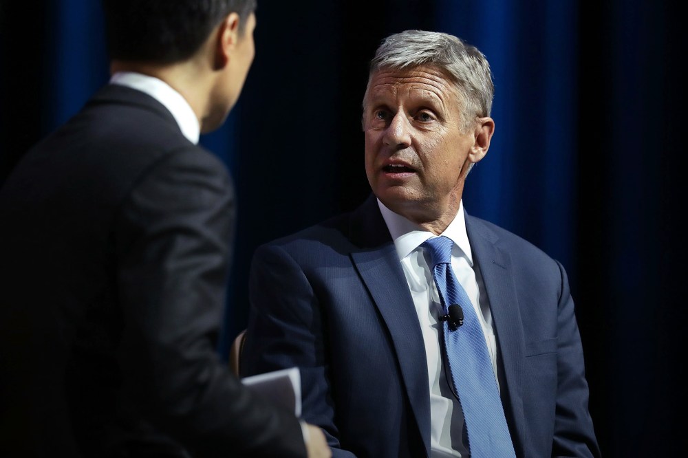 Libertarian presidential nominee Gary Johnson speaks to moderator Richard Lui of MSNBC during a 2016 Presidential Election Forum at The Colosseum at Caesars Palace, Aug. 12, 2016 in Las Vegas, Nev. (Photo by Alex Wong/Getty)