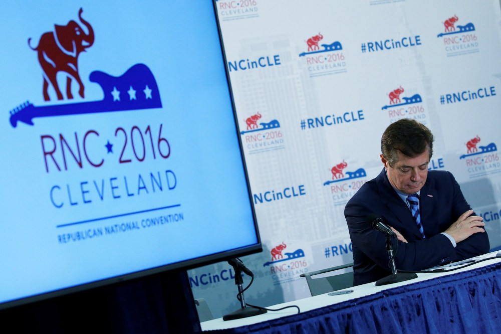 U.S. Republican presidential candidate Donald Trump's campaign chair and convention manager Paul Manafort appears at a press conference at the Republican Convention on July 19, 2016 in Cleveland, Ohio. (Photo by Carlo Allegri/Reuters)