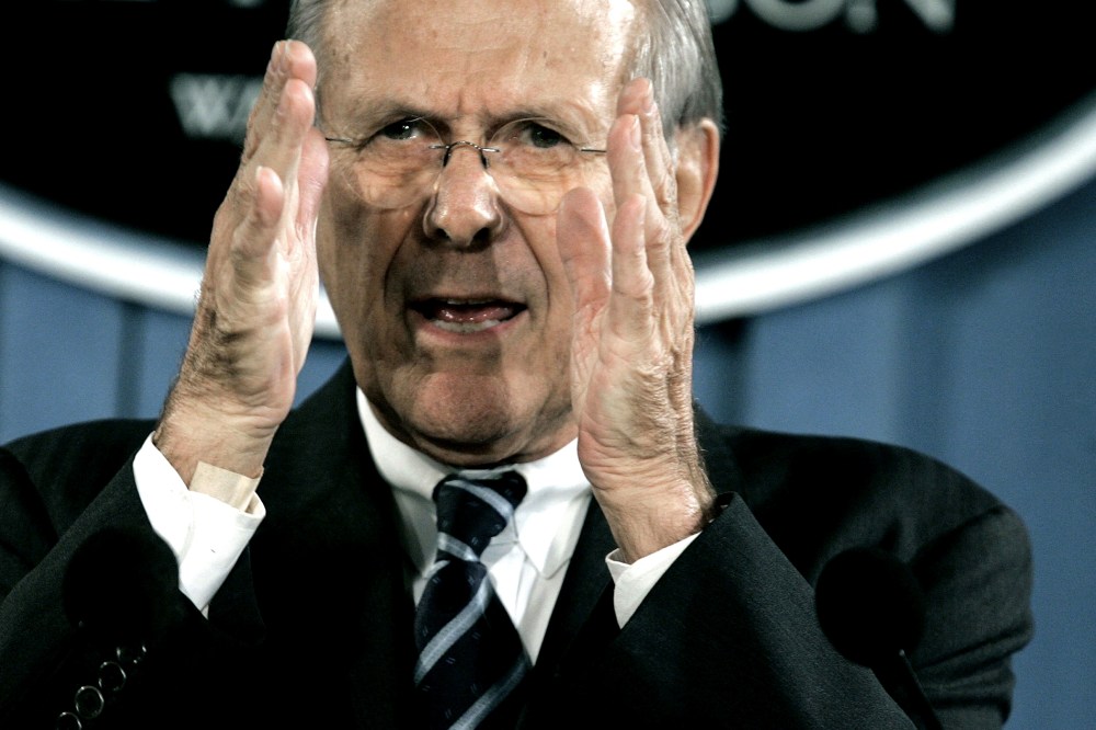 Then-U.S. Secretary of Defense Donald Rumsfeld speaks to reporters in the briefing room at the Pentagon on Oct. 26, 2006 in Arlington, Va.