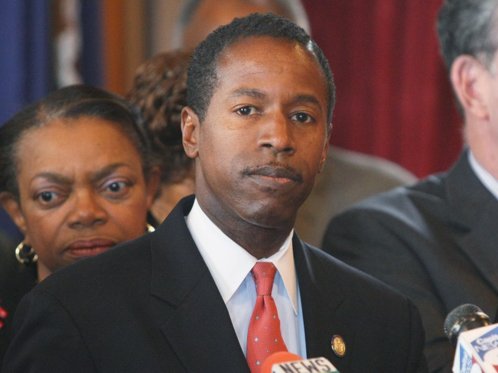 File Photo: State Democratic Leader Malcolm A. Smith speaks to members of the media in the State Capitol March 12, 2008  in Albany, New York., after New York state Governor Eliot Spitzer announced his resignation. (Photo by Daniel Barry/Getty Images,...