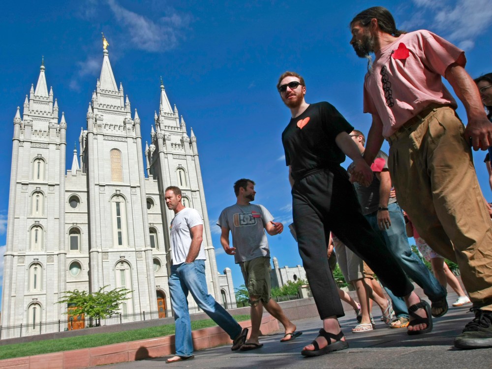 Gay Activists Gather At Mormon Temple For "Kiss In"
