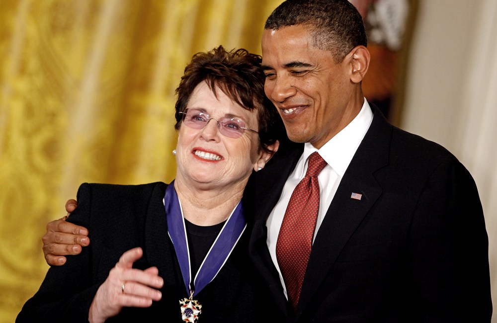 President Barack Obama embraces tennis icon Billie Jean King after presenting her with the Medal of Freedom at the White House on Aug. 12, 2009 in Washington, DC.