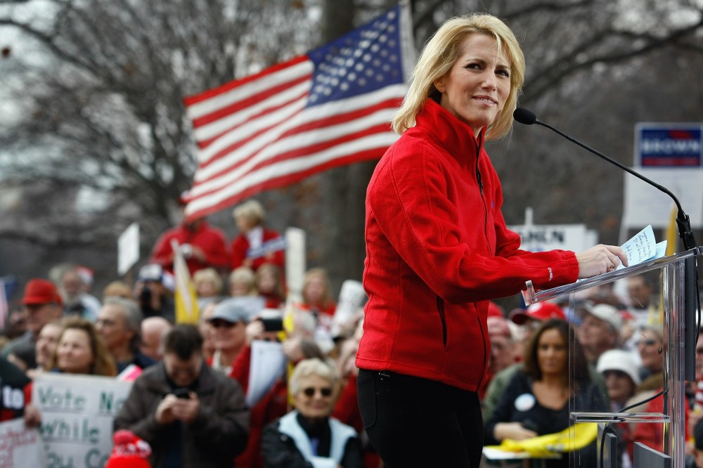 Conservative radio host and commentator Laura Ingraham addresses a health care reform protest.