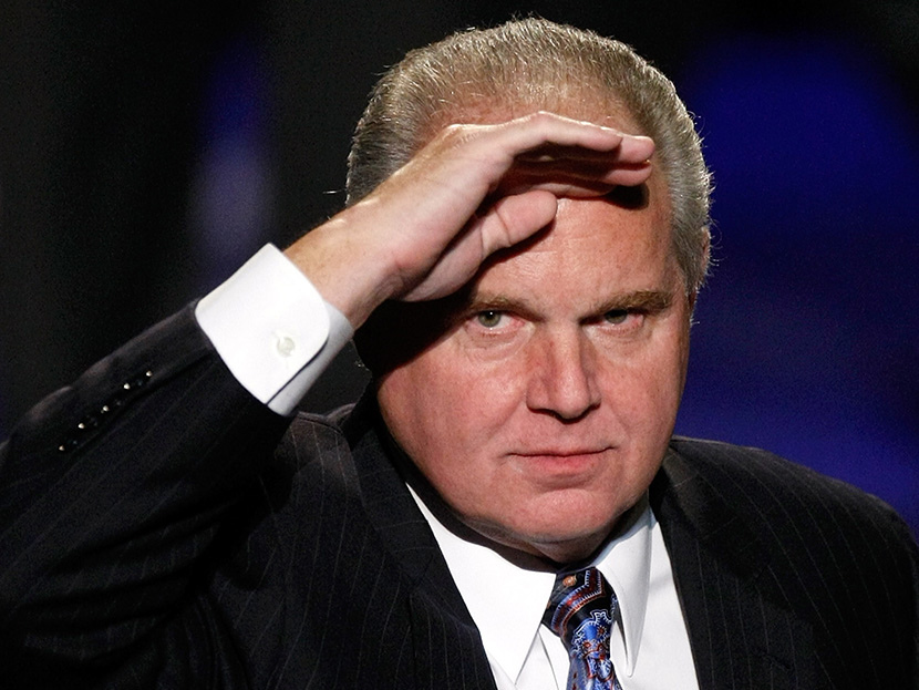 Radio talk show host and conservative commentator Rush Limbaugh salutes as he is introduced as a judge before a preliminary competition for the 2010 Miss America Pageant at the Planet Hollywood Resort & Casino January 27, 2010 in Las Vegas, Nevada....