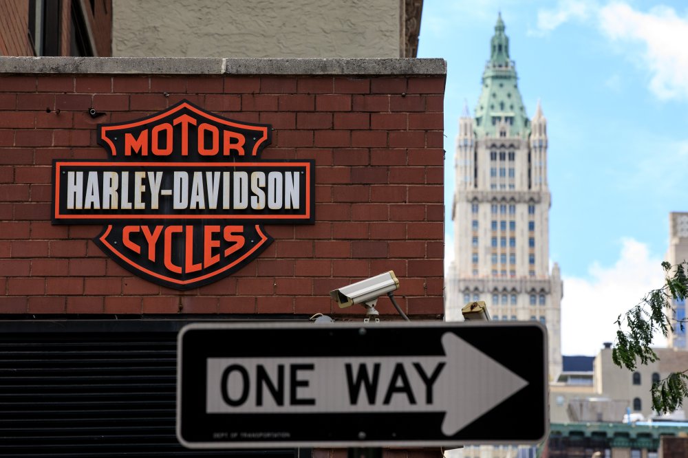 The Harley Davidson logo is displayed on the outside of the Harley-Davidson of New York City store, June 25, 2018 in New York City.