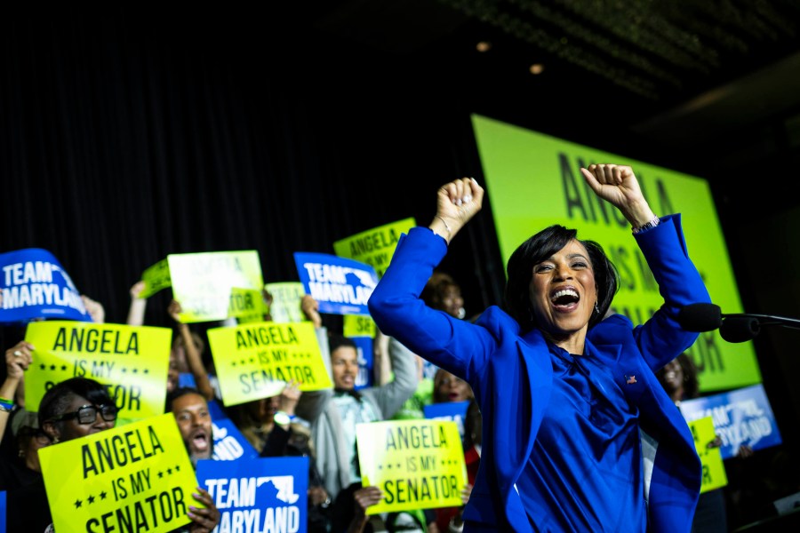 Senator-elect Angela Alsobrooks (D-MD) arrives on stage to speak after winning Election results were announced, during the Angela Alsobrooks' Election Night party hosted by the Maryland Democratic Party, on Election Day, Tuesday, November 5, 2024, in College Park, Maryland.  