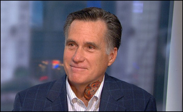 Artist rendering of Mitt Romney with a Pisces symbol neck tattoo in case he was considering getting one and wondered what it would look like.