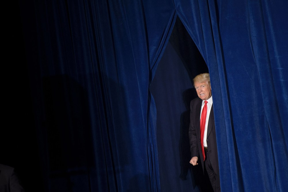 Republican presidential candidate Donald Trump arrives to speak about foreign policy at the Mayflower Hotel on April 27, 2016 in Washington, DC. (Photo by Brendan Smialowski/AFP/Getty)