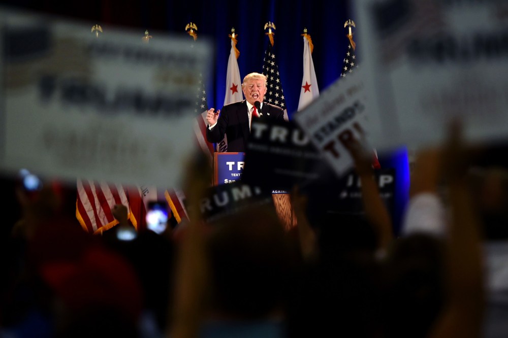 Republican presidential candidate Donald Trump speaks during a rally at the San Jose Convention Center in San Jose, Calif. on June 2, 2016. (Photo by Josh Edelson/AFP/Getty)