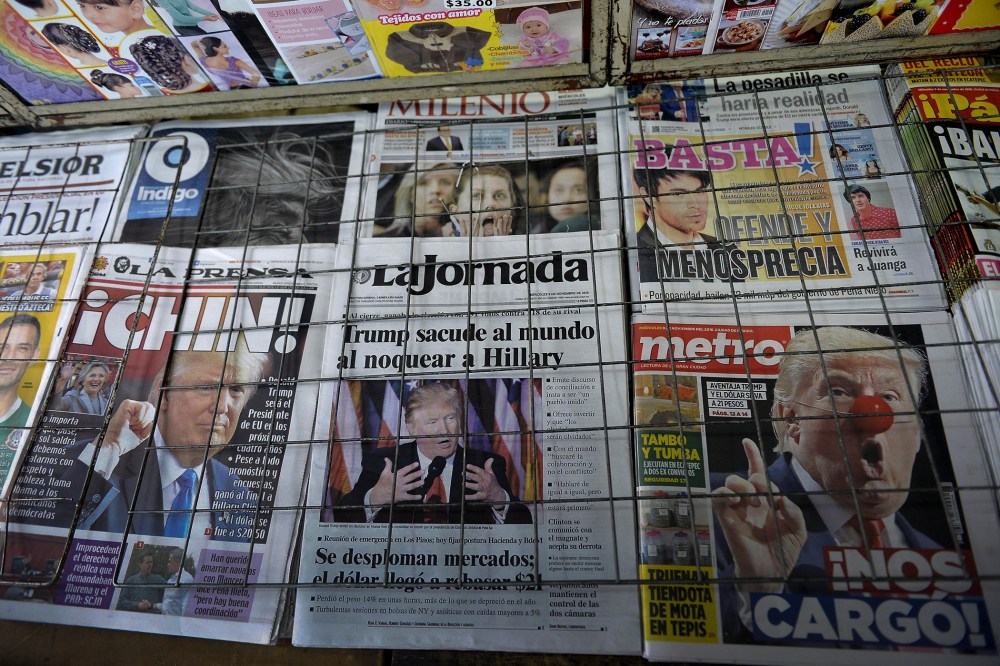 Mexican newspapers with their headlines referring to the eventual triumph of Donald Trump on Nov. 9, 2016 in Mexico City. (Photo by Pedro Pardo/AFP/Getty)