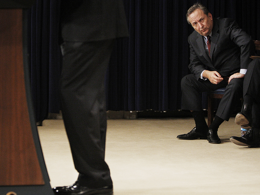 Director of the National Economic Council Lawrence Summers, right, listens to President Barack Obama, left, speak at the Fiscal Responsibility Summit, Monday, Feb. 23, 2009, in the Old Executive Office Building at the White House in Washington. (Photo...
