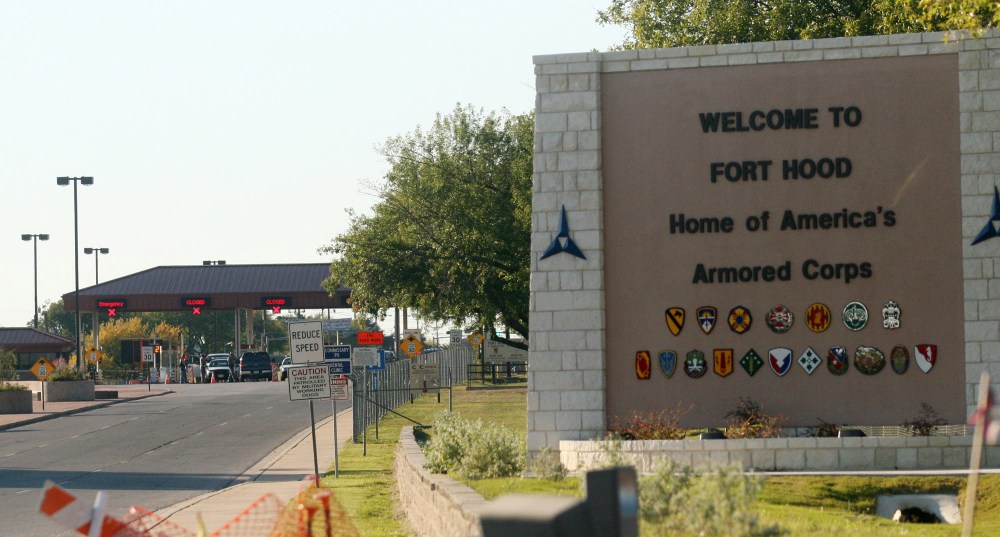 An entrance to Fort Hood Army Base in Fort Hood, Texas.