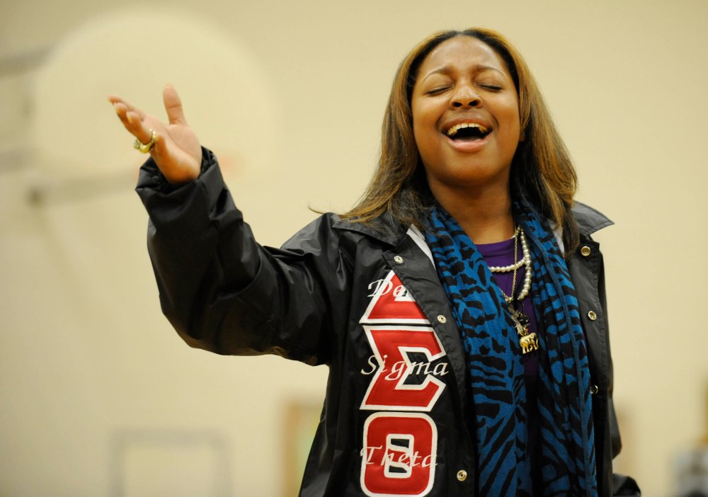 Erika Thomas with the Clark Atlanta University Delta Sigma Theta step team performs at the Sprite Step Off Service Challenge at Park Forest Middle School Saturday January 16, 2010 in Baton Rouge, LA. (Liz Condo / AP Images for Sprite)