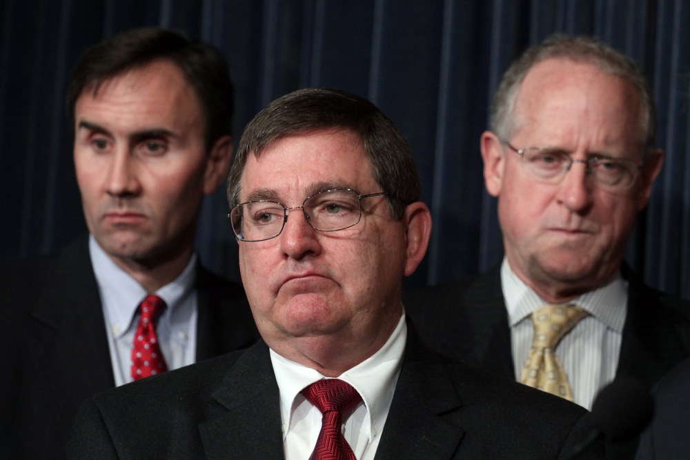 Members of the Texas Congressional delegation, from left, Rep. Pete Olson, R-Texas, Rep. Michael Burgess, R-Texas, and Rep. Michael Conaway, R-Texas, address reporters on legal challenge to the health care reform bill, Thursday, March 25, 2010, during a n
