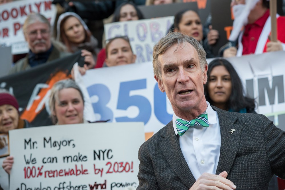 Educator and TV personality Bill Nye ("The Science Guy") speaks to the press at a pre-march press conference on the steps of City Hall, on the eve of the Paris Climate Summit (COP21), Nov. 29, 2015. (Photo by Albin Lohr-Jones/Pacific Press/AP)
