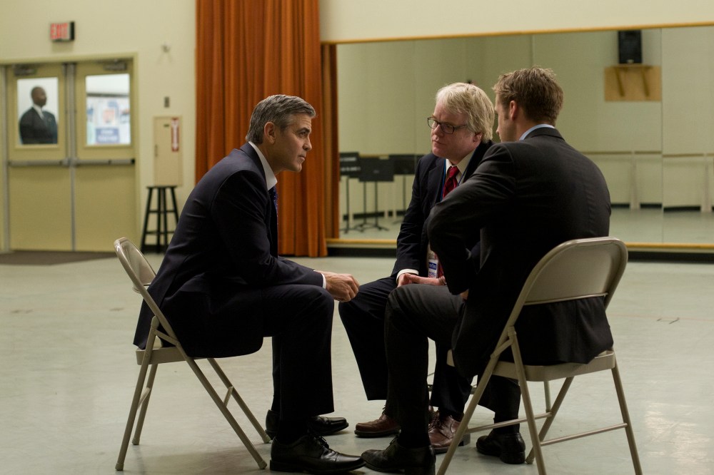 In this image released by Colombia Pictures, from left, George Clooney, Philip Seymour Hoffman and Ryan Gosling are shown in a scene from "Ides of March." (Saeed Adyani/Columbia Pictures/Sony/AP)