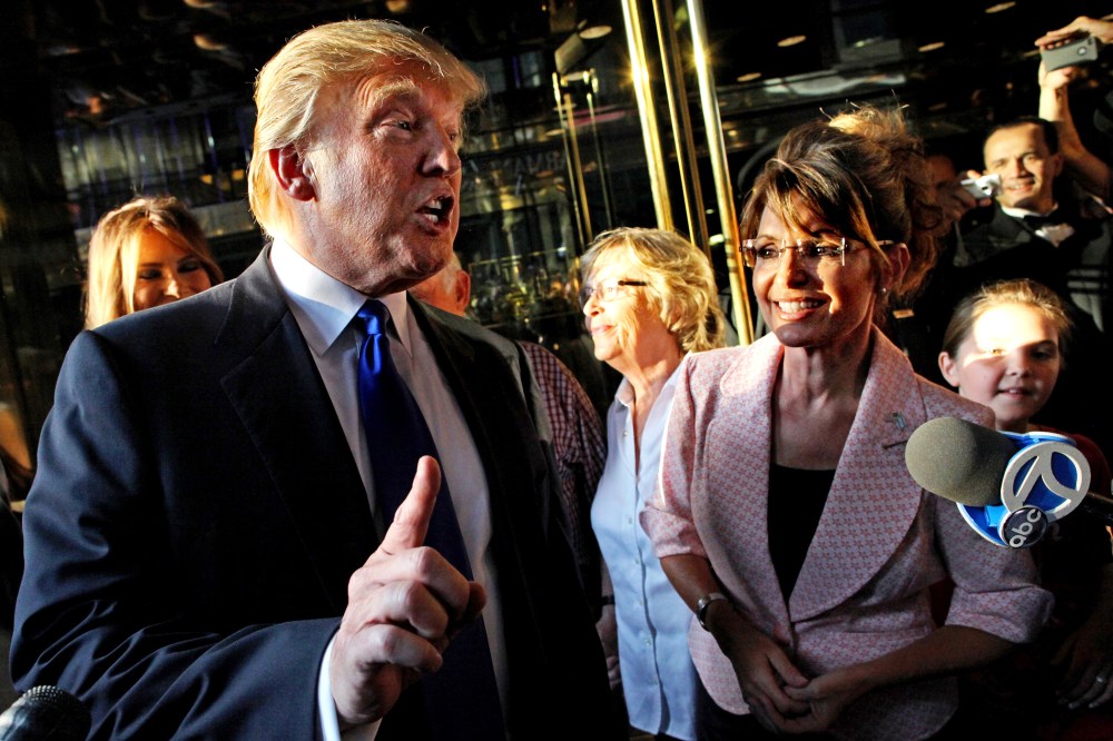 Donald Trump makes a point as he walks with former governor of Alaska Sarah Palin in New York, N.Y., as they make their way to a scheduled meeting, May 31, 2010. (Photo by Craig Ruttle/AP)