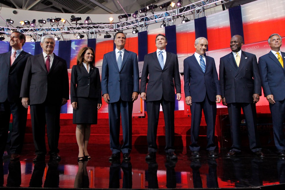 Republican presidential candidates stand together before a Republican presidential candidate debate at the Reagan Library in Simi Valley, Calif on Sept 7, 2011.