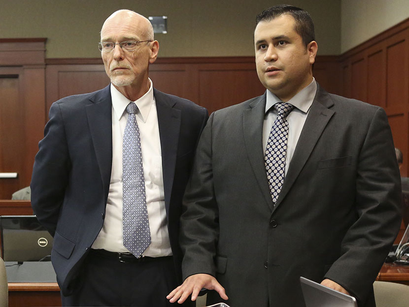 Standing next to his defense attorney Don West, left, George Zimmerman addresses Judge Debra Nelson during his trial in Seminole circuit court in Sanford, Fla., on July 10, 2013. (Photo by Gary W. Green/Orlando Sentinel/Pool/AP)