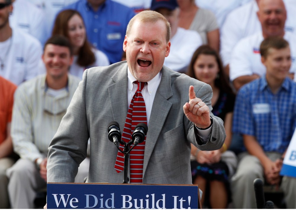 Rep. Morgan Griffith, R-Va. speaks to the crowd during a rally at a hardware store in Roanoke, Va., Wednesday, Aug. 22, 2012.